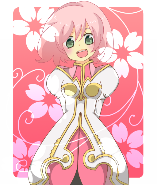 :d, blush, dress, estellise_sidos_heurassein, flower, green_eyes, happy, open_mouth, pink, pink_hair, short_hair, smile, solo, tales_of_(series), tales_of_vesperia, yakigyouza