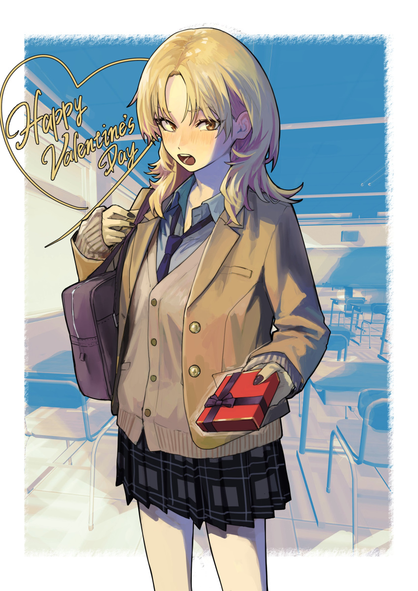 1girl, absurdres, bag, black_nails, black_skirt, blazer, blonde_hair, blush, box, brown_cardigan, brown_eyes, brown_jacket, cardigan, chair, classroom, collared_shirt, commentary, desk, english_commentary, gift, gift_box, happy_valentine, highres, holding, holding_gift, incoming_gift, jacket, looking_at_viewer, loose_necktie, medium_hair, nail_polish, necktie, open_clothes, open_jacket, open_mouth, original, partially_unbuttoned, pleated_skirt, purple_necktie, school_bag, school_chair, school_desk, school_uniform, shirt, skirt, standing, suru_(seiya), teeth, valentine, window