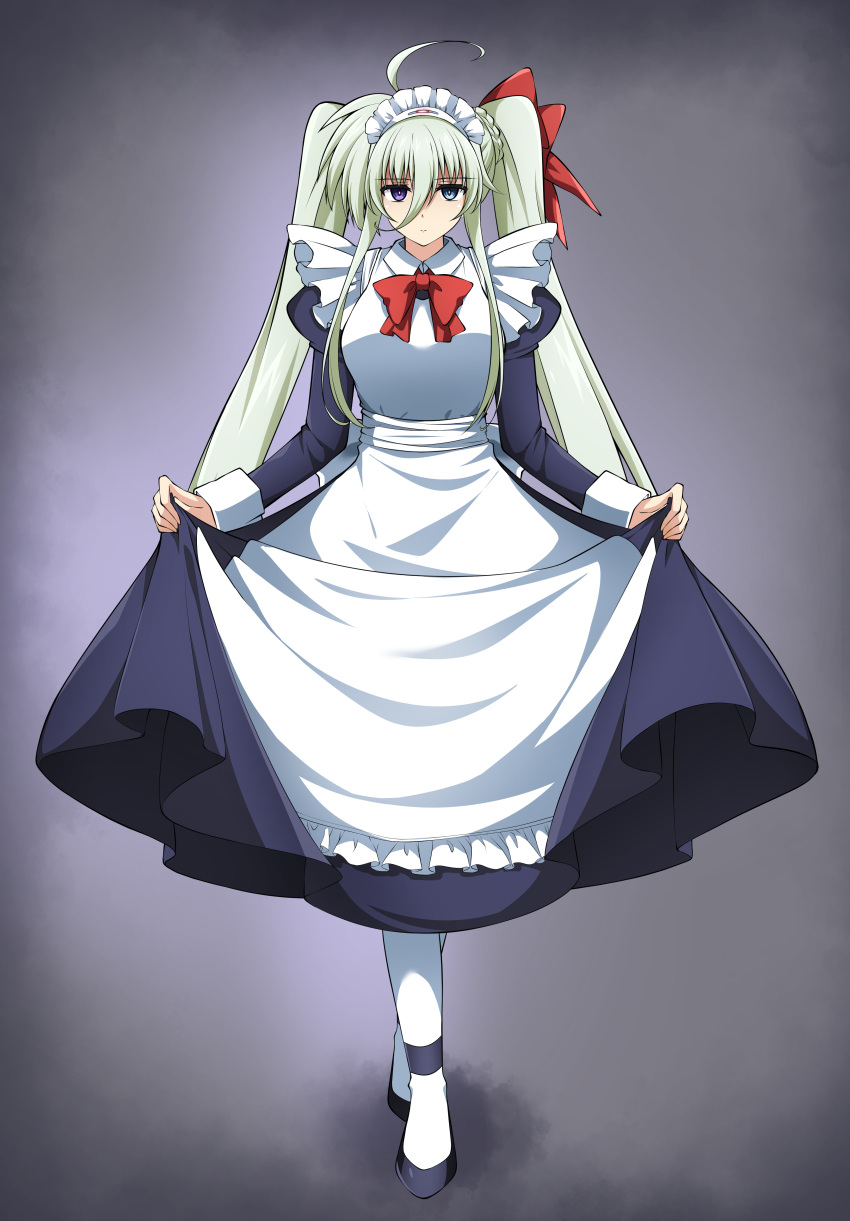 1girl, absurdres, ahoge, apron, blue_eyes, bow, clothes_lift, commentary_request