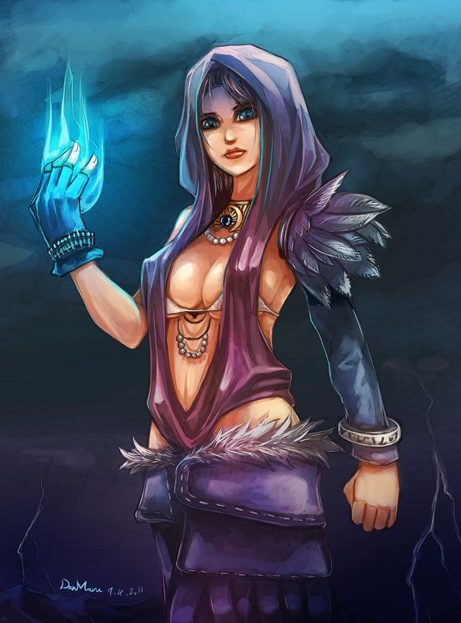 bracelet, breasts, clenched_hand, dragon_age, dragon_age:_origins, fingerless_gloves, fist, gloves, jewelry, long_hair, morrigan, morrigan_(dragon_age), necklace, skuldk1, solo