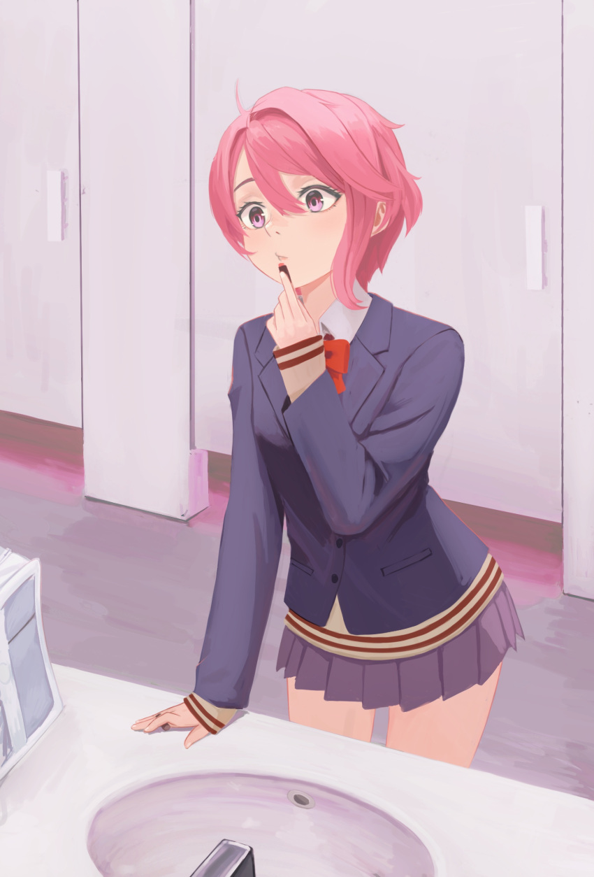 1girl, absurdres, applying_makeup, applying_own_makeup, bathroom, blazer, bow, bowtie, collared_shirt, commentary, dandadan, diky, hair_between_eyes, highres, jacket, lipstick, makeup, pink_eyes, pink_hair, pink_lips, pleated_skirt, red_bow, red_bowtie, school_uniform, shiratori_aira_(dandadan), shirt, short_hair, single_sidelock, sink, skirt, solo, sweater, thighs, toilet_stall, white_shirt