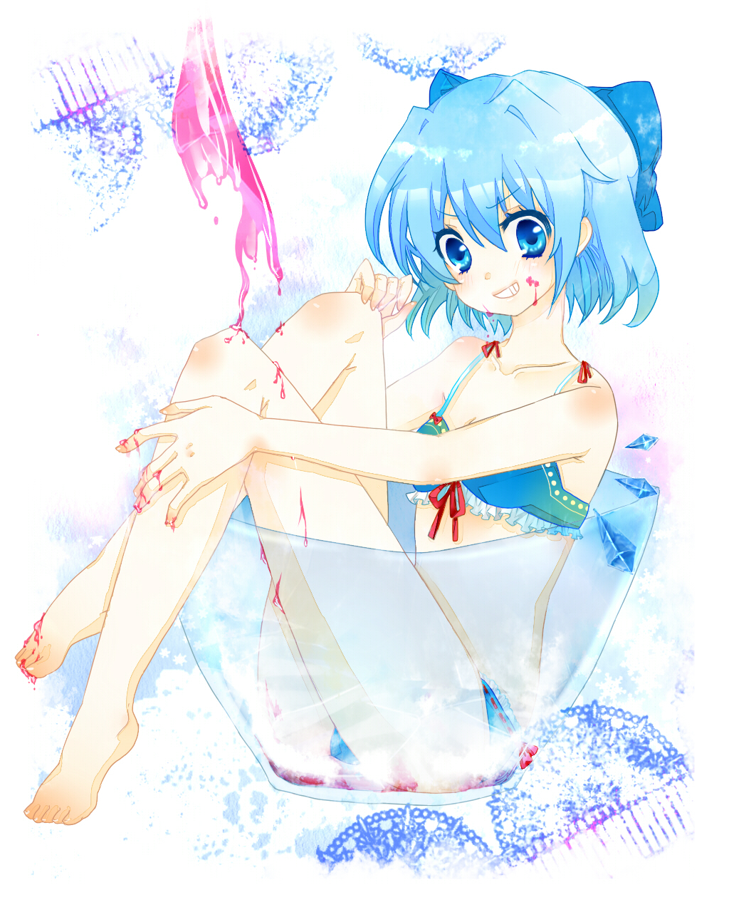 bad_id, bare_shoulders, barefoot, bikini, blue_eyes, blue_hair, bow, cirno