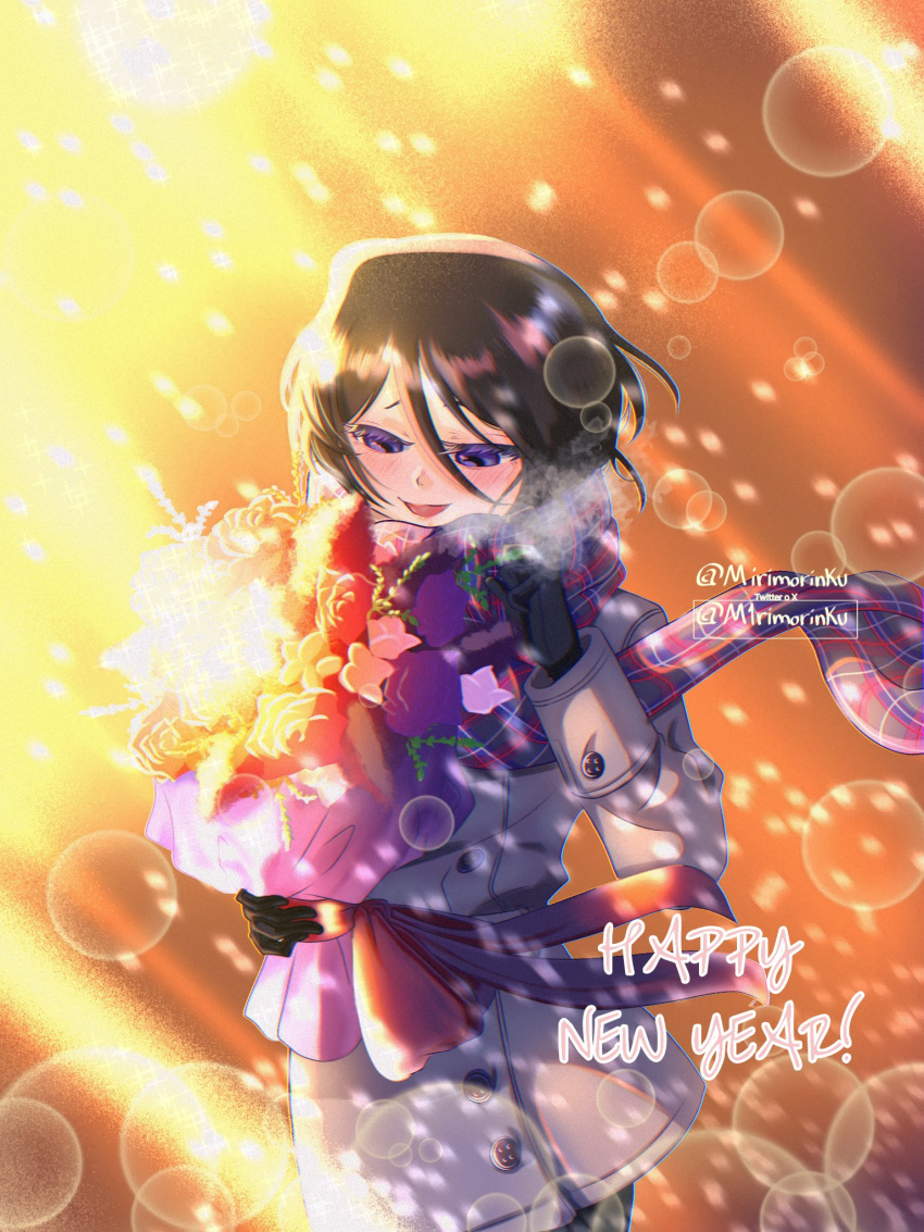 1girl, black_gloves, black_hair, bleach, blurry, bokeh, bouquet, breath