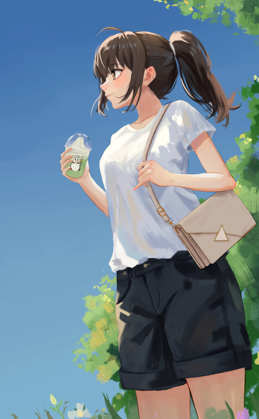 1girl, absurdres, bag, black_shorts, blue_sky, brown_eyes, brown_hair, closed_mouth, cropped_legs, diky, food, from_side, handbag, highres, ice_cream, looking_ahead, original, outdoors, ponytail, shirt, short_sleeves, shorts, sky, solo, standing, t-shirt, tree, white_shirt