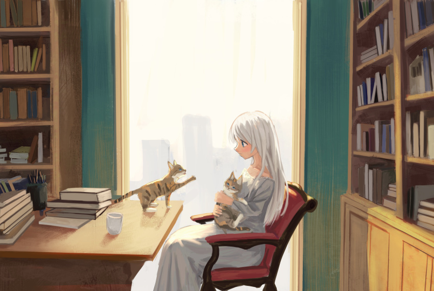 1girl, absurdres, animal_on_lap, blue_eyes, book, bookshelf, cat, cat_on_lap