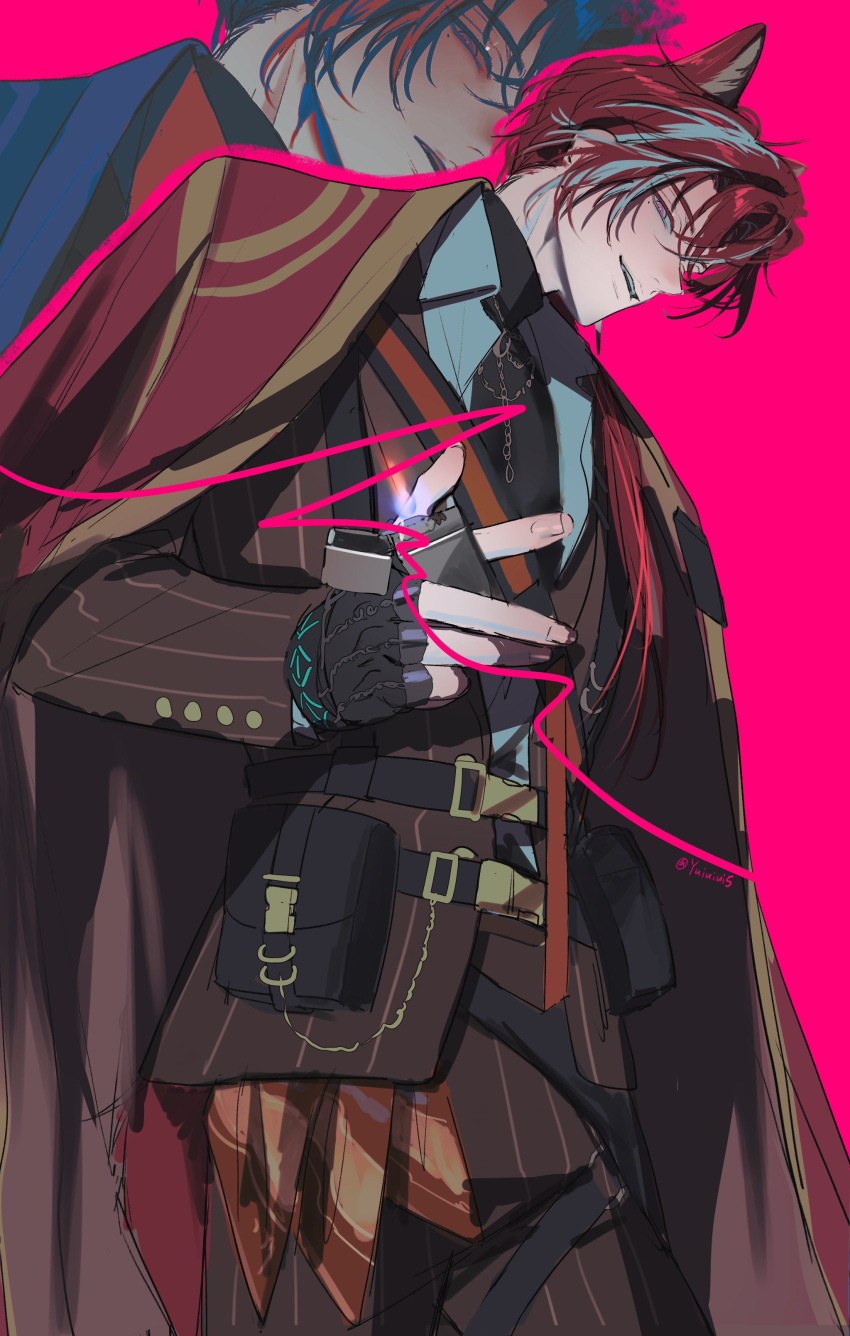 1boy, absurdres, animal_ears, arknights, bellone_(arknights), belt, dress_shirt, fingerless_gloves