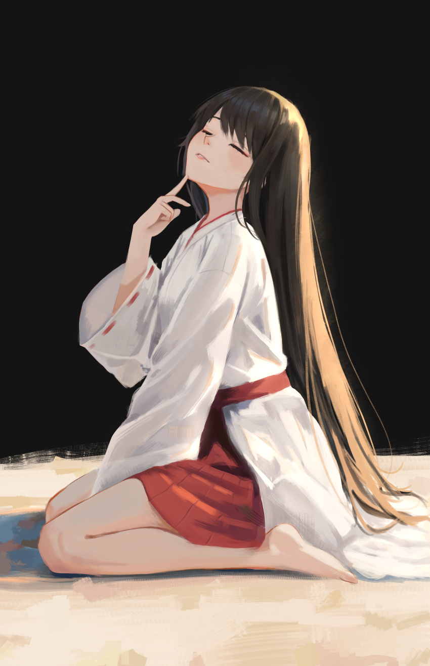 1girl, absurdres, barefoot, belt, black_background, black_hair, closed_eyes, clothing_request