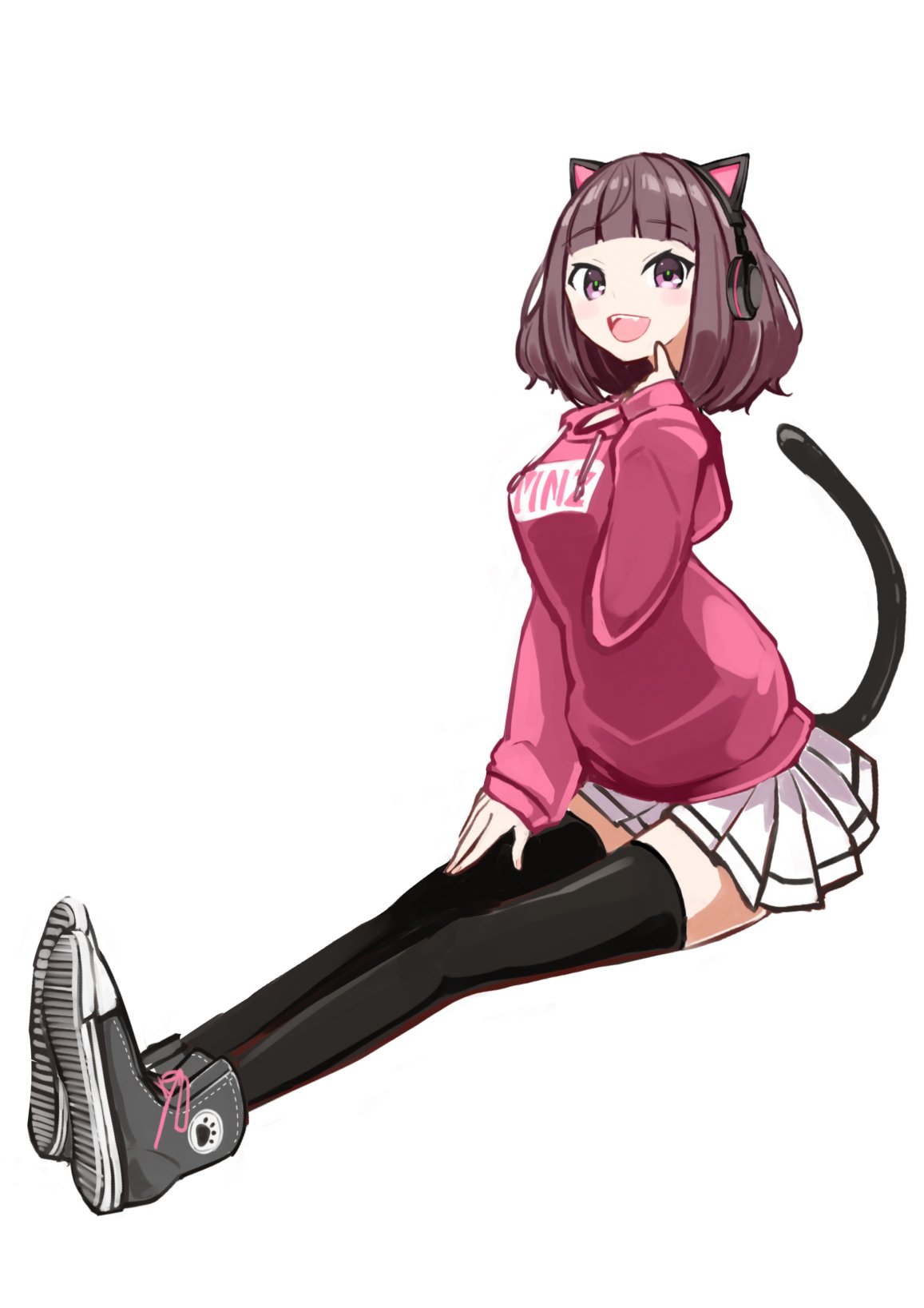 1girl, :d, animal_ears, asacrebleu, black_shoes, black_thighhighs, brown_hair, cat_ears