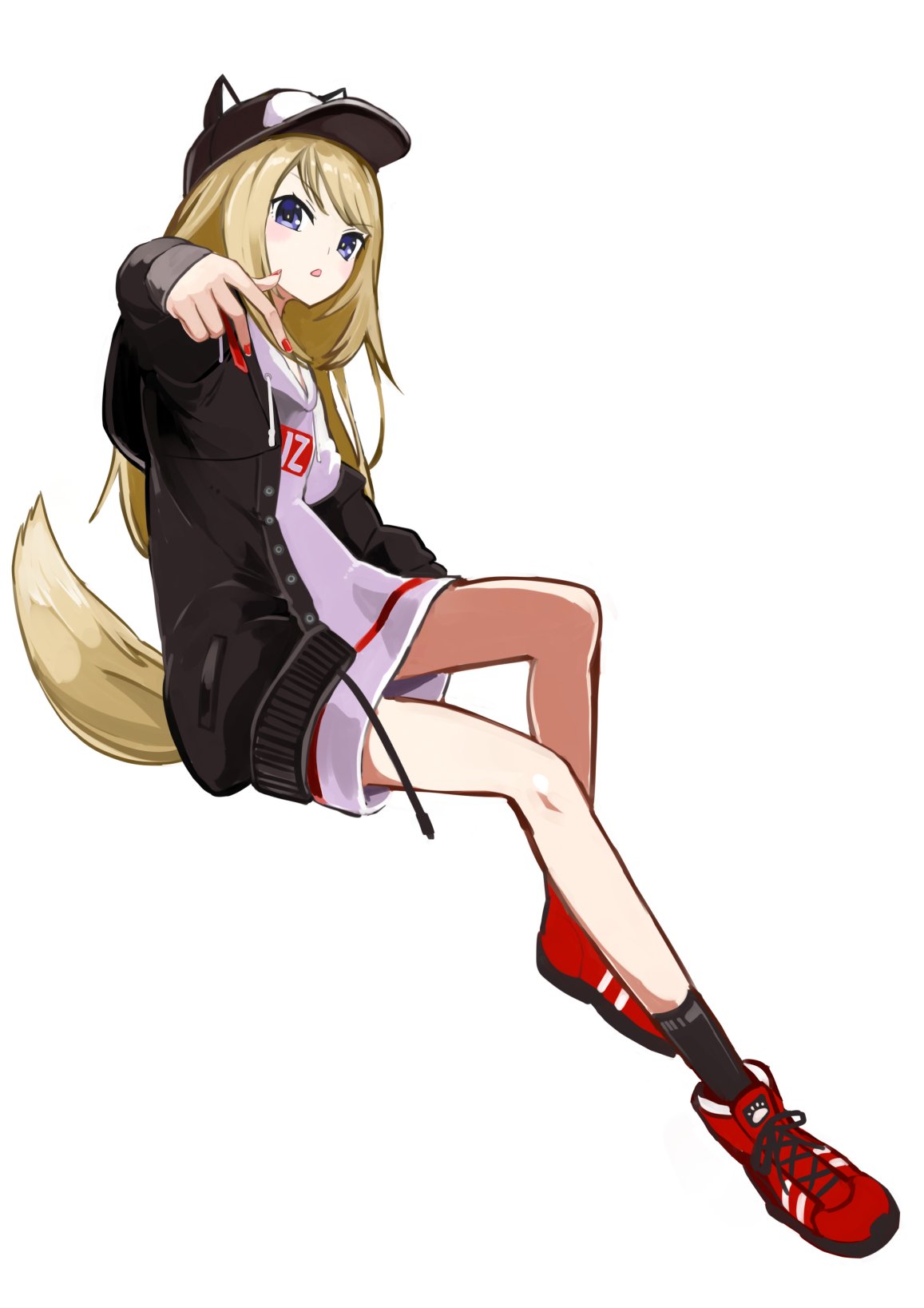 1girl, animal_ears, asacrebleu, baseball_cap, black_hat, black_jacket, black_socks, dog_ears