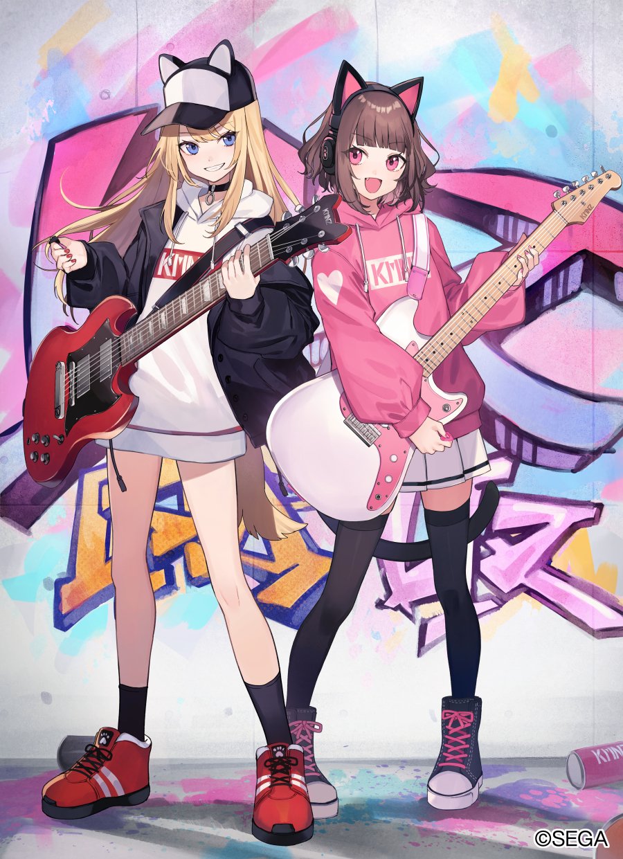 2girls, :d, animal_ears, baseball_cap, black_hat, black_jacket, black_shoes, black_socks, black_thighhighs, blonde_hair, brown_hair, cat_ears, cat_girl, cat_tail, chunithm, commentary_request, copyright_notice, dog_ears, dog_girl, dog_tail, full_body, graffiti, grin, guitar, hat, headphones, highres, holding, holding_guitar, holding_instrument, holding_plectrum, hood, hood_down, hoodie, instrument, jacket, kmnz, lita_(kmnz), liz_(kmnz), long_hair, long_sleeves, miniskirt, multiple_girls, music, official_art, open_clothes, open_jacket, open_mouth, pink_eyes, pink_hoodie, playing_instrument, pleated_skirt, plectrum, puffy_long_sleeves, puffy_sleeves, red_shoes, shoes, shugao, skirt, smile, sneakers, socks, standing, tail, thigh-highs, violet_eyes, virtual_youtuber, white_hoodie, white_skirt