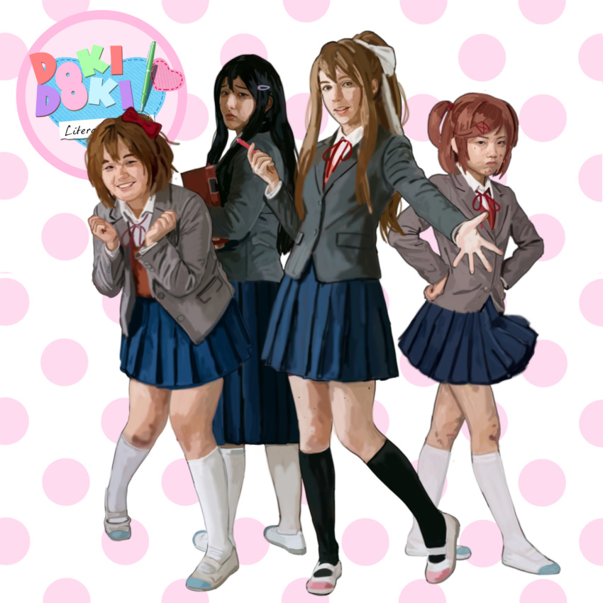 4girls, black_hair, blazer, blue_skirt, bow, brown_hair, bruise, bruise_on_knee