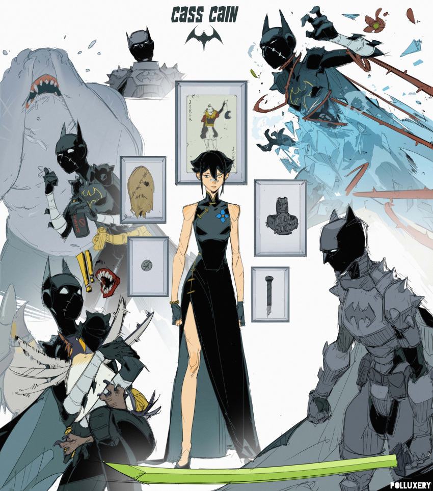 1girl, absurdres, batman, batman_(series), batman_symbol, belt, black_bat_costume, black_bodysuit, bodysuit, cassandra_cain, commentary, cowl, dc_comics, dress, highres, no_mask, polluxery, superhero_costume, utility_belt
