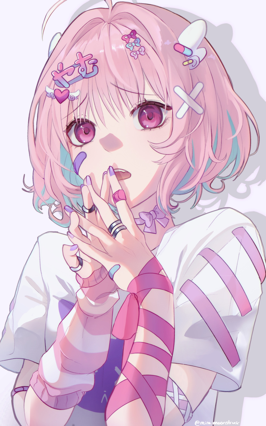 1girl, absurdres, ahoge, aqua_hair, arm_ribbon, arm_strap, bandaid, bandaid_hair_ornament