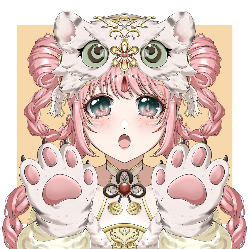 1girl, animal_ear_headwear, animal_ears, animal_hands, animal_hat, beads, bell, black_ribbon