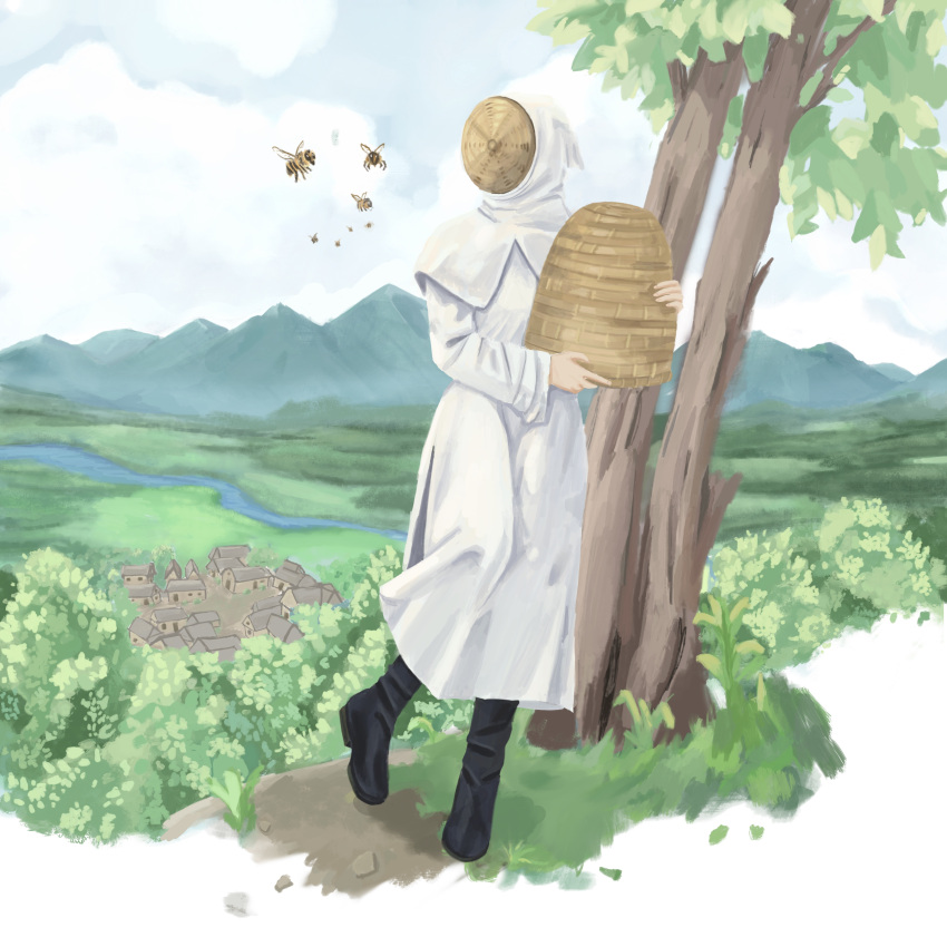 1girl, absurdres, bee, beekeeping_hat, beekeeping_suit, black_boots, boots, bug