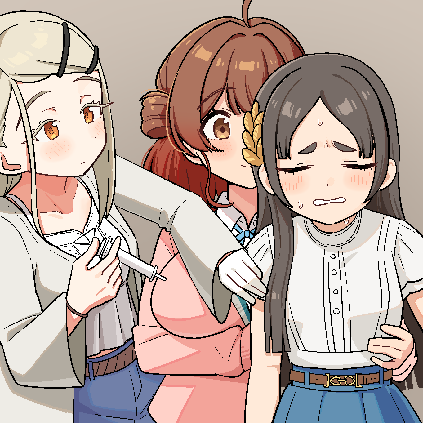 3girls, ahoge, aroon, blonde_hair, blue_ribbon, blue_shorts, blue_skirt, boob_injection_(meme)