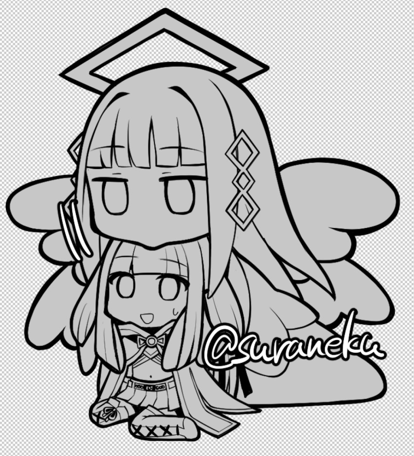 2girls, angel_wings, belt, blunt_bangs, boots, chibi, cloak, commentary_request