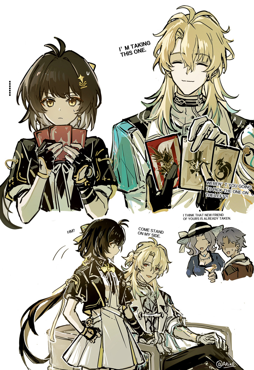 1boy, 1girl, absurdres, akiko54124, black_gloves, black_hair, black_jacket, blonde_hair