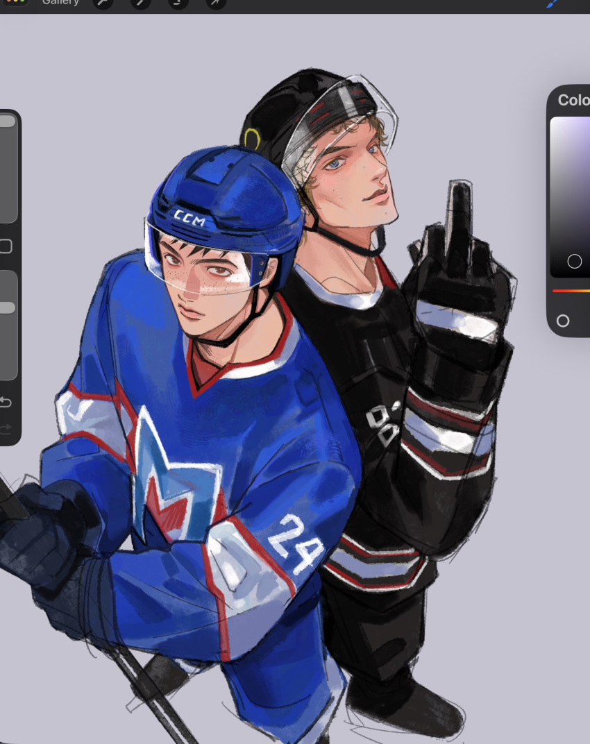2boys, art_program_in_frame, black_hair, blonde_hair, blue_eyes, brown_eyes, commentary, grey_background