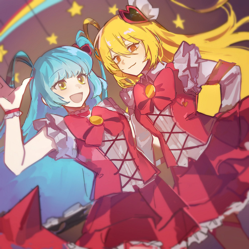 2girls, blonde_hair, blue_hair, bow, bowtie, don_quixote_(project_moon), e.g.o_(project_moon), hair_ornament, hatoretasu, heart, heart_hair_ornament, highres, in_the_name_of_love_and_hate_(e.g.o), limbus_company, lobotomy_corporation_(identity)_(project_moon), long_hair, magical_girl, multiple_girls, open_mouth, pink_bow, pink_bowtie, pink_skirt, project_moon, queen_of_hatred, skirt, smile, star_(symbol), thigh-highs, yellow_eyes