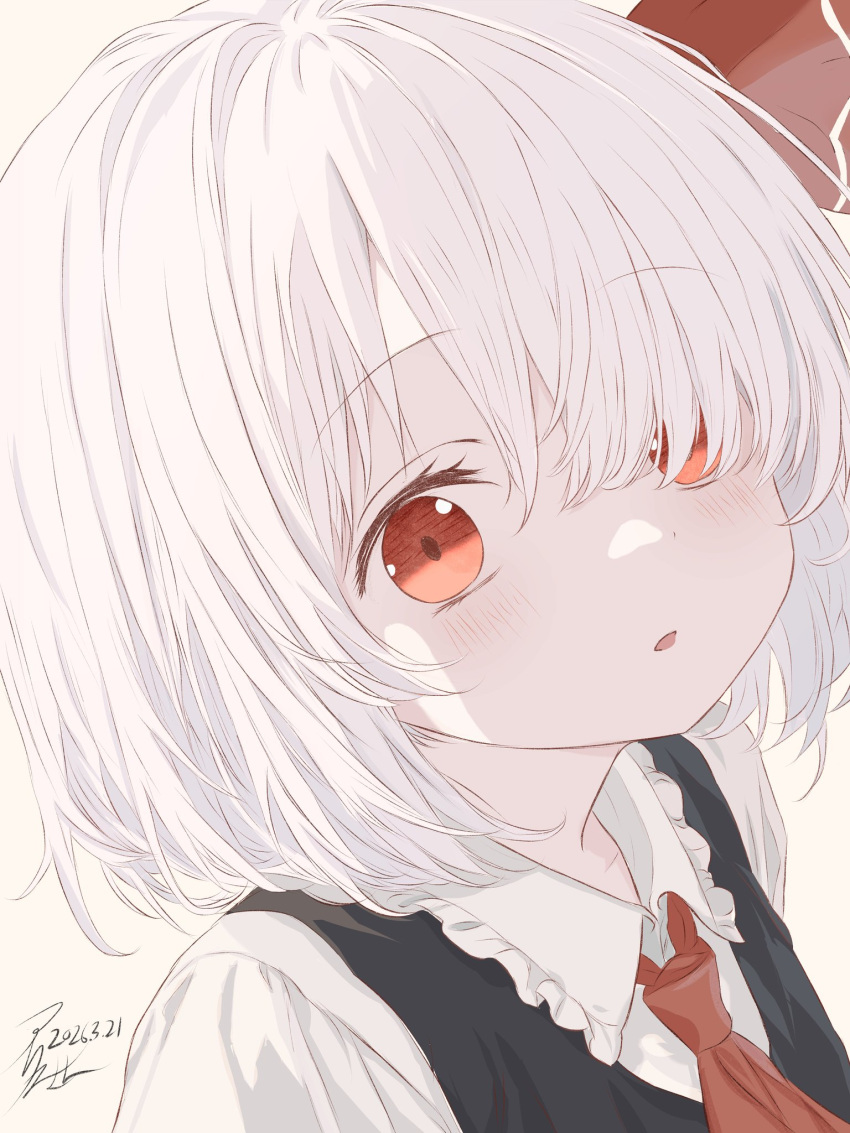 1girl, albino, alternate_hair_color, ascot, black_vest, blush, collared_shirt, commentary_request