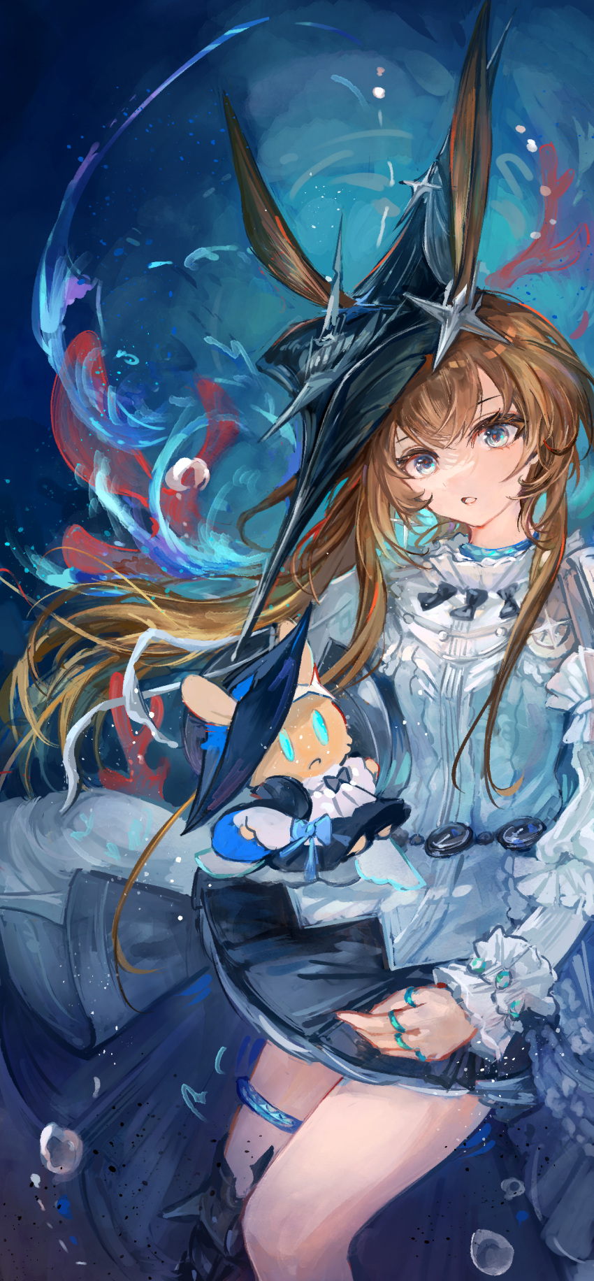 1girl, absurdres, air_bubble, amiya_(arknights), amiya_(guard)_(arknights), amiya_(guard)_(in_a_myriad_of_universes)_(arknights), animal_ears, arknights