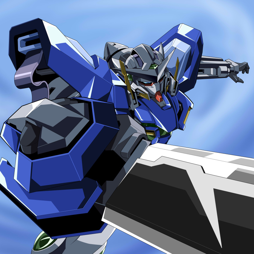 absurdres, arm_blade, armor, blue_eyes, clouds, commentary_request, day, flying, gn_sword, gundam, gundam_00, gundam_exia, highres, joints, kds_(0049), mecha, mecha_focus, mobile_suit, no_humans, no_pupils, outdoors, robot, robot_joints, science_fiction, shoulder_armor, sky, solo, sword, upper_body, v-fin, weapon
