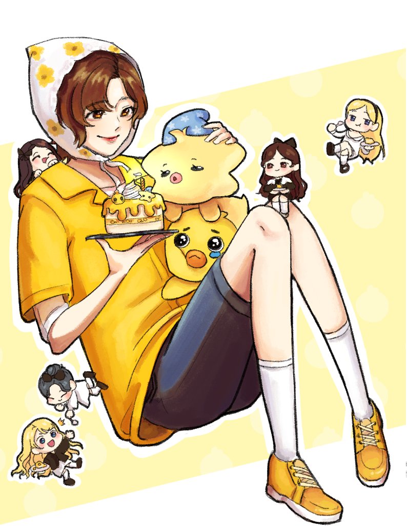 6+girls, ^_^, bae_(nmixx), bike_shorts, black_bow, black_hairband, black_shirt, black_shorts