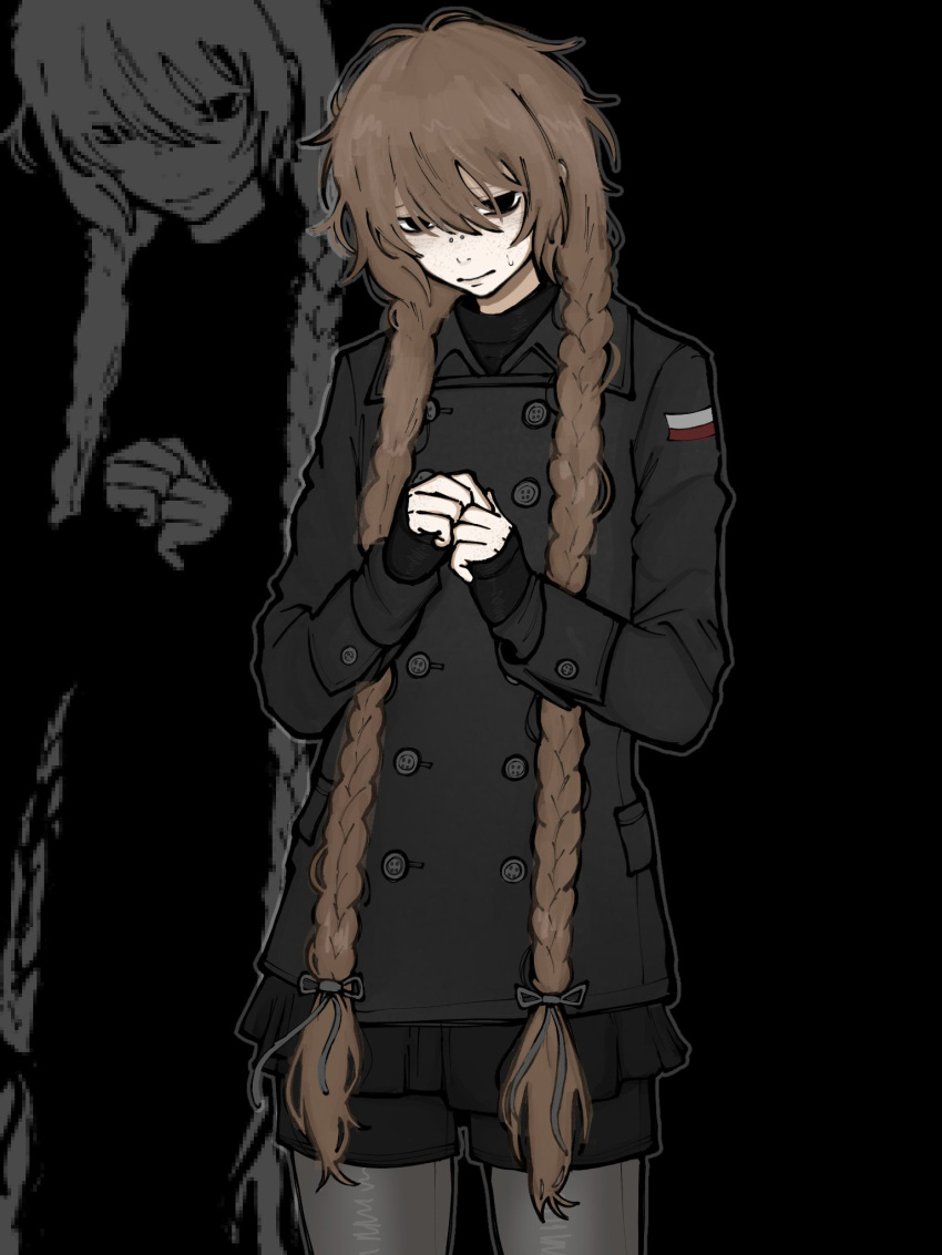 1boy, black_coat, black_eyes, black_shorts, braid, closed_mouth, coat, commentary, cowboy_shot, english_commentary, face_piercing, facing_down, flag_print, hair_between_eyes, highres, long_hair, long_sleeves, looking_at_viewer, low-tied_long_hair, male_focus, nose_piercing, original, own_hands_together, piercing, polish_flag, polish_flag_print, shorts, simple_background, slavcorpz, solo, trap, twin_braids, very_long_hair, white_background, zoom_layer