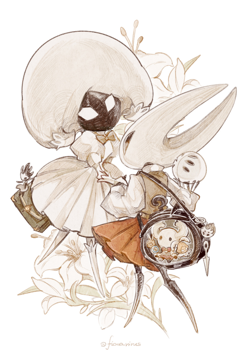 2girls, alternate_costume, arthropod_girl, artist_name, bell_beast_(hollow_knight), black_bag, chinese_commentary, commentary_request