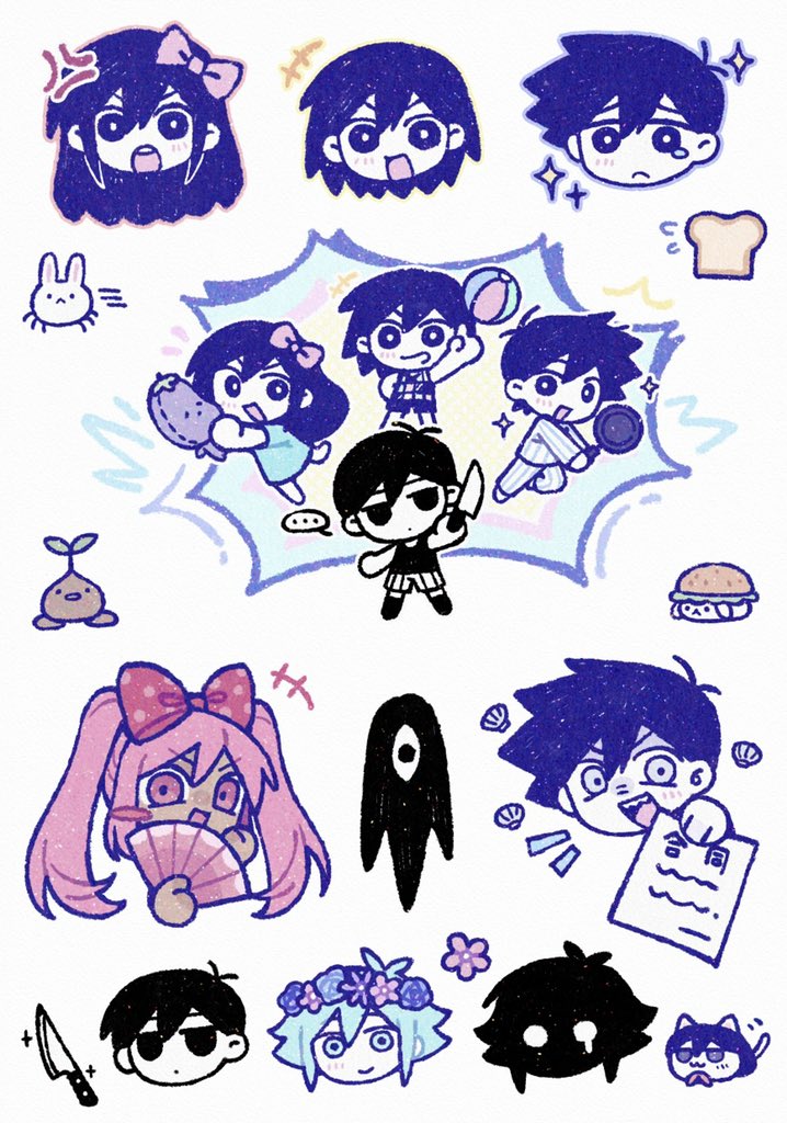 +++, ..., 2girls, 5boys, animalization, aubrey_(headspace)_(omori), aubrey_(omori), ball