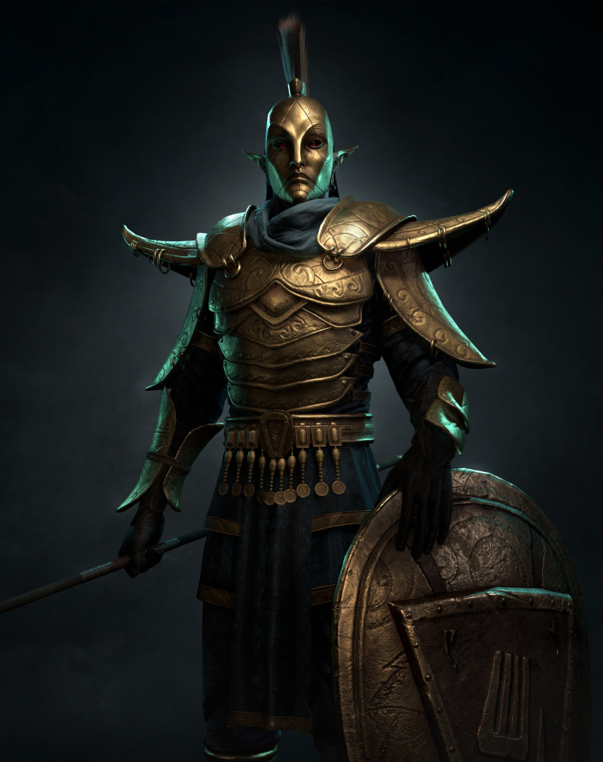 1boy, 3d, armor, black_background, black_gloves, blue_pants, blue_scarf, commentary