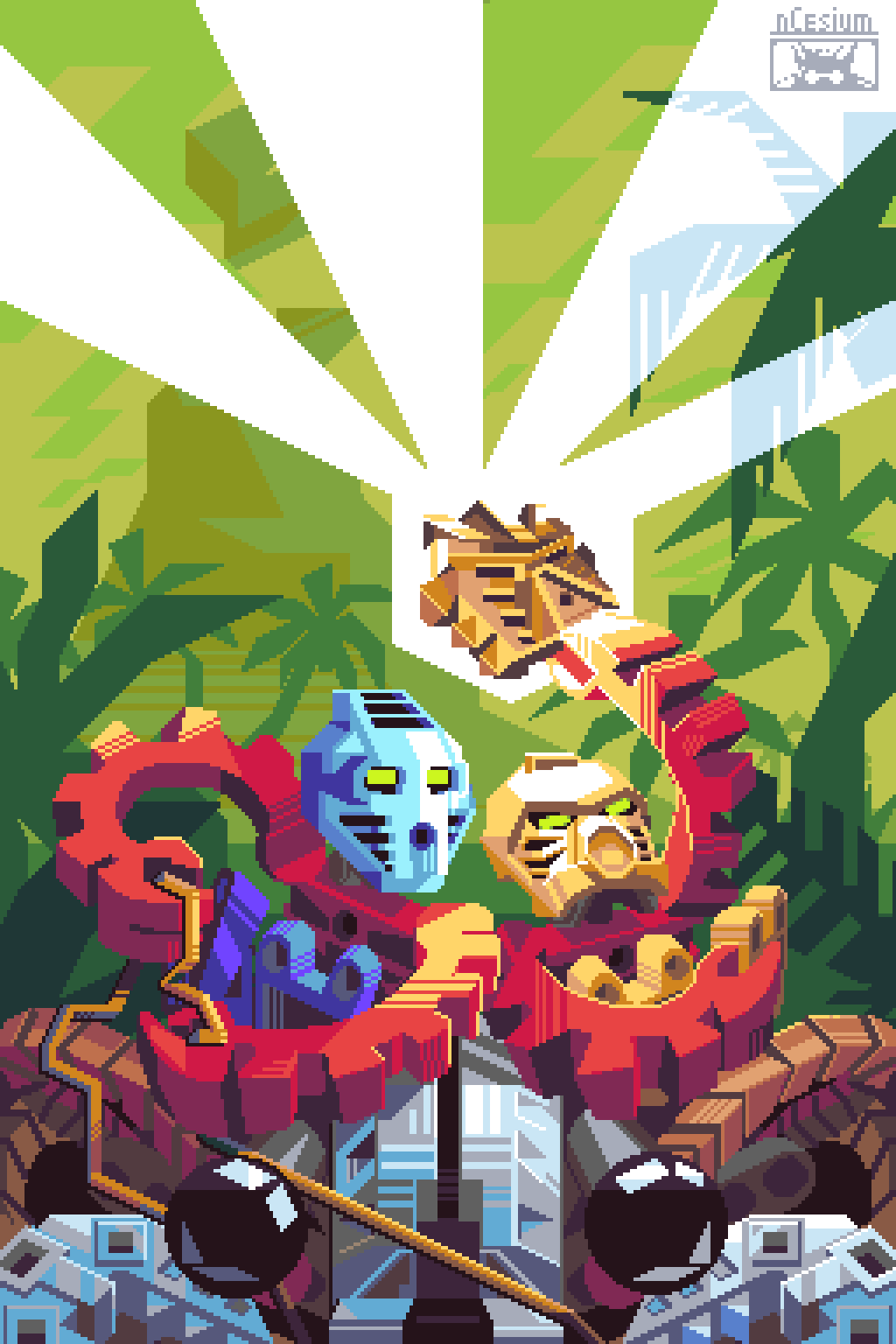 artist_name, bionicle, black_eyes, english_commentary, green_eyes, highres, holding, humanoid_robot
