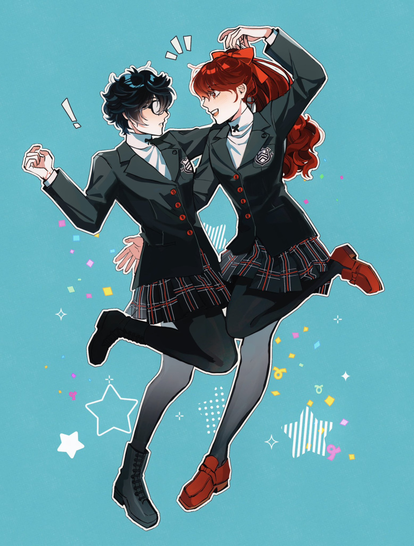 !, 2girls, amamiya_ren, black-framed_eyewear, black_jacket, black_pantyhose, black_shoes, blue_background
