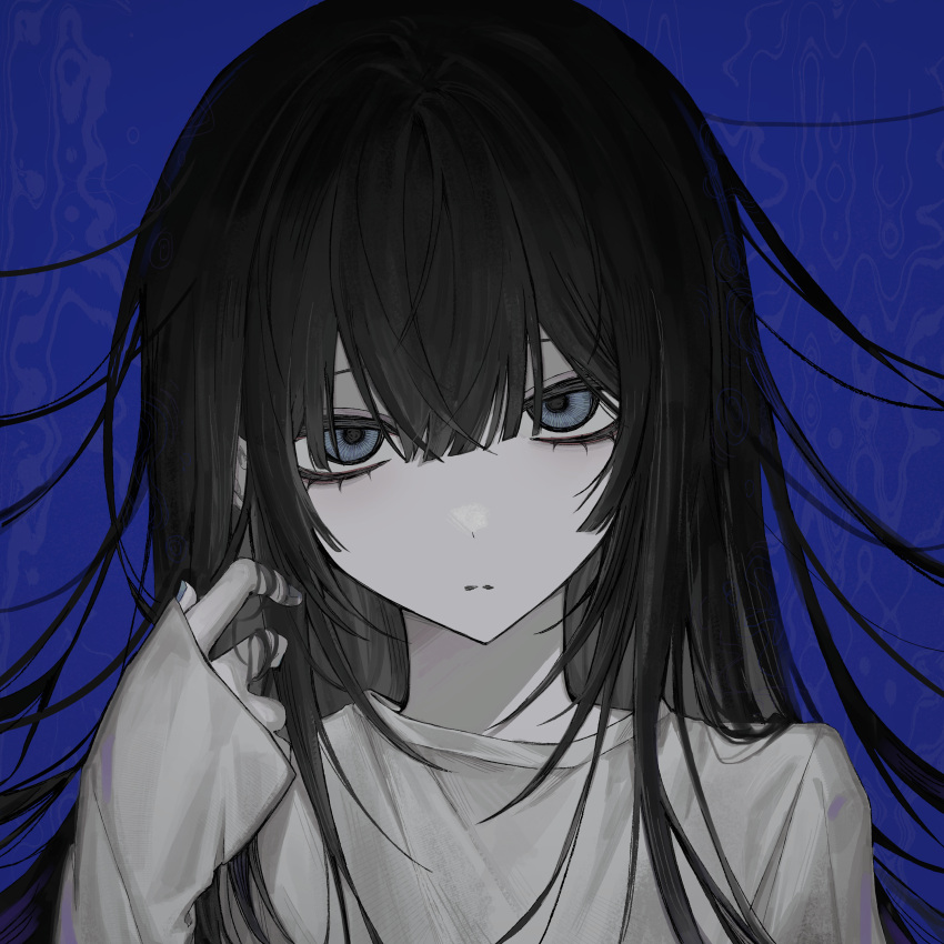 1girl, absurdres, androgynous, black_hair, blue_background, blue_eyes, blue_nails, commentary, commission, english_commentary, expressionless, hair_between_eyes, hand_up, highres, long_hair, long_sleeves, looking_at_viewer, loose_hair_strand, mano0wvw, muted_color, original, pale_skin, portrait, sleeves_past_wrists, solo, sweater, twirling_hair, white_sweater