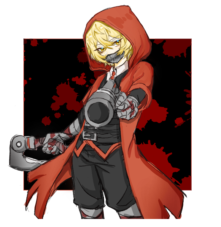 1boy, aiming, aiming_at_viewer, asymmetrical_dual_wielding, belt, black_background, black_pants, blonde_hair