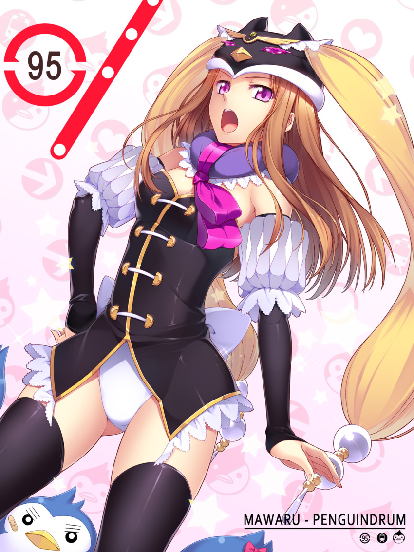 animal_hat, bandaid, black_legwear, blonde_hair, bow, brown_hair, directional_arrow, elbow_gloves, face, fingerless_gloves, gloves, hand_on_hip, hat, heart, highres, hips, long_hair, looking_at_viewer, mawaru_penguindrum, open_mouth, penguin_1-gou, penguin_2-gou, penguin_3-gou, pink_eyes, princess_of_the_crystal, sparkle, star, takakura_himari, thigh-highs, thighhighs, title_drop, yanagi_(tsukiakari)