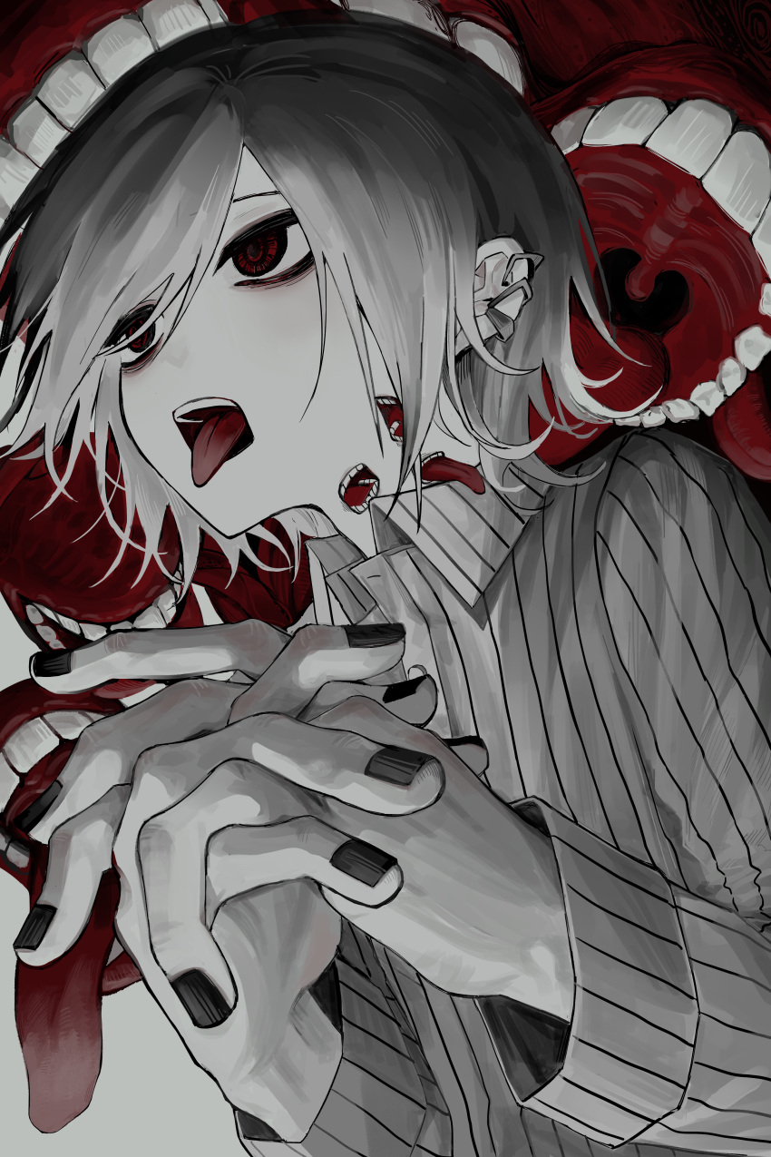 1boy, absurdres, bags_under_eyes, black_nails, collared_shirt, commentary_request, disembodied_mouth, earclip