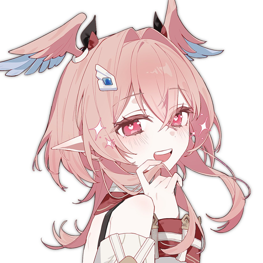 1girl, bare_shoulders, blue_wings, commentary, detached_sleeves, e9_f72, from_side, genshin_impact, hair_between_eyes, hair_intakes, hair_ornament, hand_up, head_wings, heart, heart-shaped_pupils, highres, holding_own_hair, linnea_(genshin_impact), long_hair, looking_at_viewer, open_mouth, pink_eyes, pink_hair, pink_wings, pointy_ears, portrait, simple_background, smile, solo, sparkle, symbol-shaped_pupils, teeth, two-tone_wings, upper_teeth_only, white_background, wings