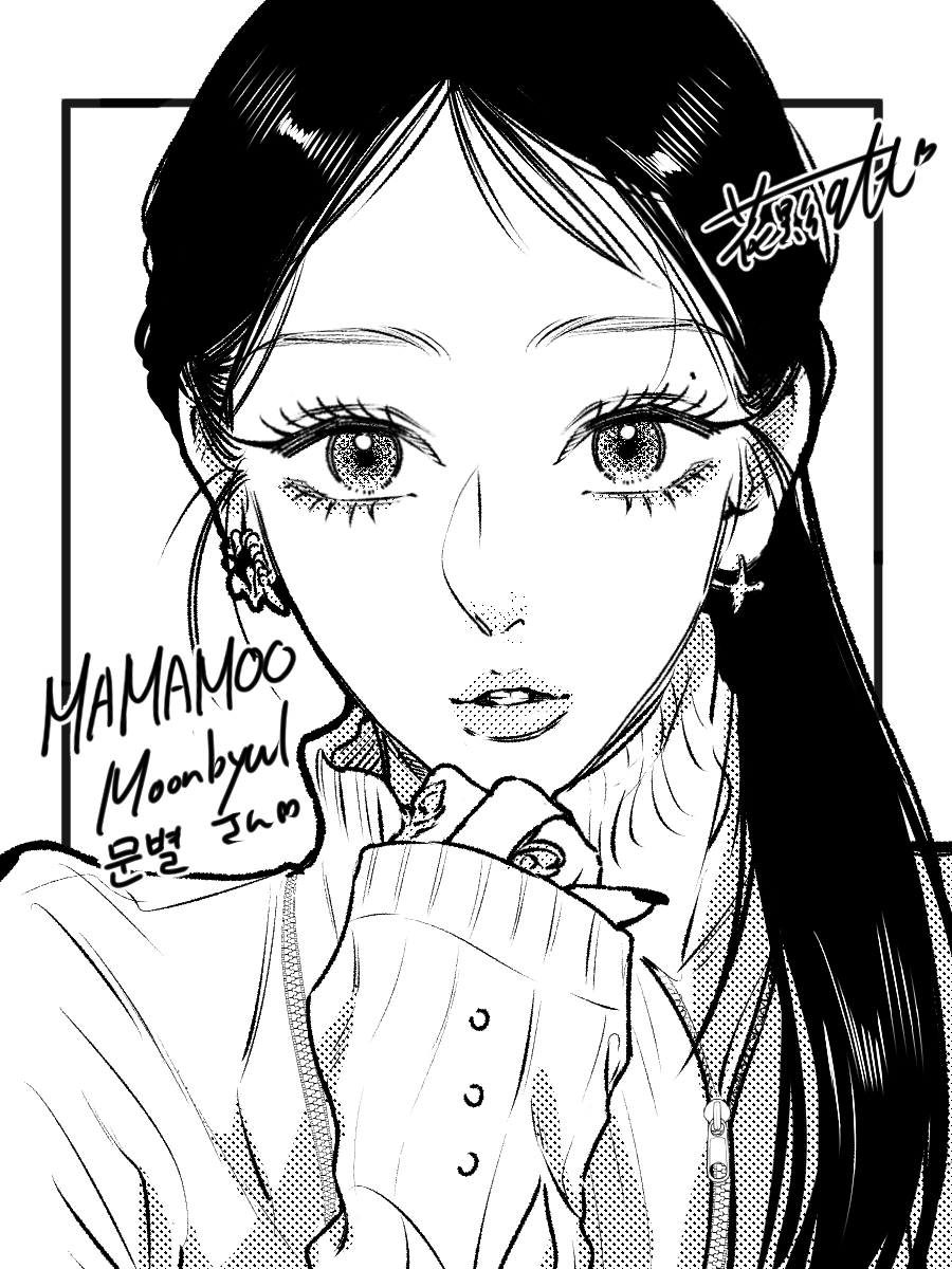 1girl, alt_o_ekaki, animification, black_border, border, commentary, earrings, greyscale, highres, jewelry, k-pop, long_hair, looking_at_viewer, mamamoo, mole, mole_above_eye, monochrome, moonbyul_(mamamoo), outside_border, parted_lips, ponytail, real_life, sleeves_past_wrists, solo, straight-on, sweater, turtleneck, turtleneck_sweater, untranslatable_commentary