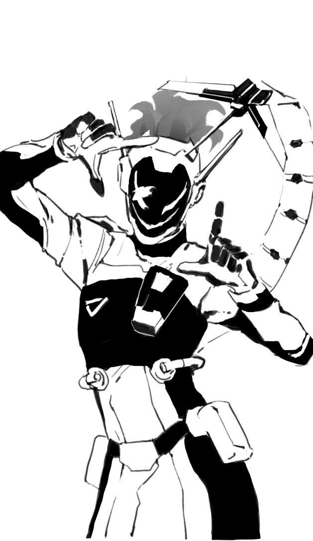 1girl, alter_(apex_legends), apex_legends, bodysuit, commentary_request, cowboy_shot, eureka1812, finger_frame, gloves, helmet, looking_at_viewer, mechanical_tail, ponytail, simple_background, smile, solo, tail, white_background
