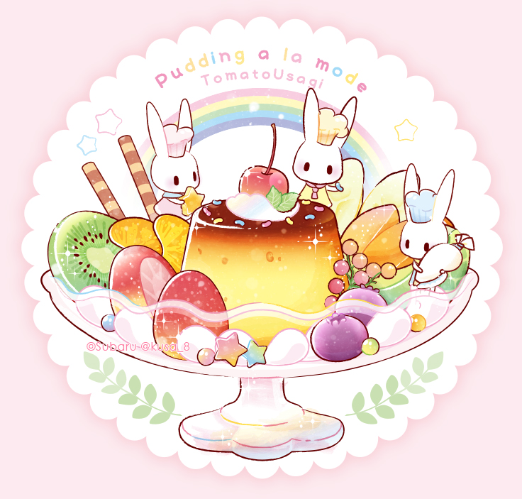 artist_name, banana, banana_slice, blueberry, blush, chef_hat, cherry, chibi, commentary_request, food, food_focus, fruit, hat, holding, holding_pastry_bag, honeydew_(fruit), icing, kiwi_(fruit), kiwi_slice, melon, mint, no_humans, orange_(fruit), orange_slice, original, pastry_bag, pudding, pudding_a_la_mode, rabbit, sherbet_glass, sparkle, sparkling_aura, star_(symbol), strawberry, subaru_(jack)
