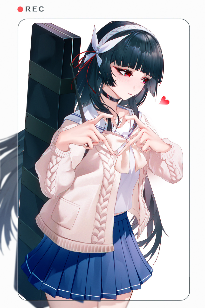 1girl, absurdres, black_choker, black_hair, blue_skirt, blunt_bangs, cardigan, chinese_commentary