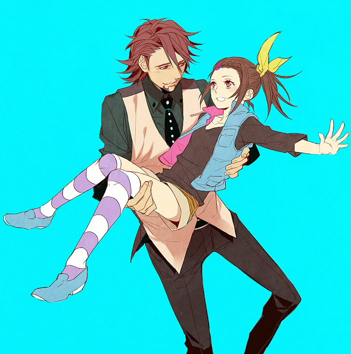 age_difference, brown_eyes, brown_hair, carrying, facial_hair, father_and_daughter, hair_ornament, hairclip, jacket, kaburagi_kaede, kaburagi_t_kotetsu, male, necktie, oto69, outstretched_arms, princess_carry, short_hair, shorts, side_ponytail, striped, striped_legwear, stubble, thighhighs, tiger_&amp;_bunny, vest, waistcoat