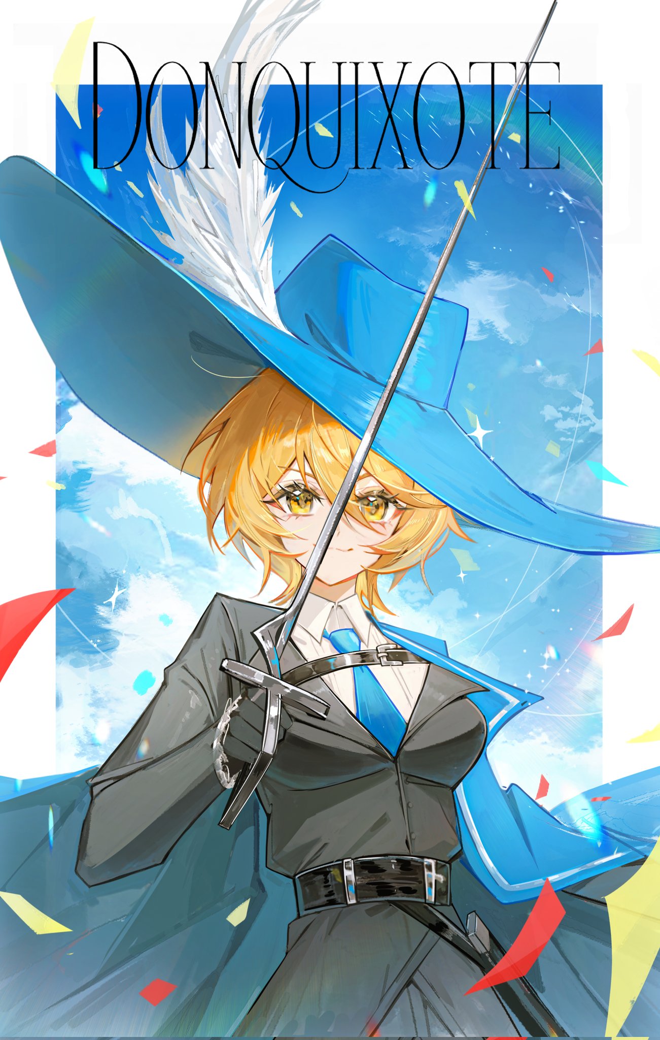 1girl, belt, blonde_hair, blue_cape, blue_hat, blue_necktie, blue_sky, border