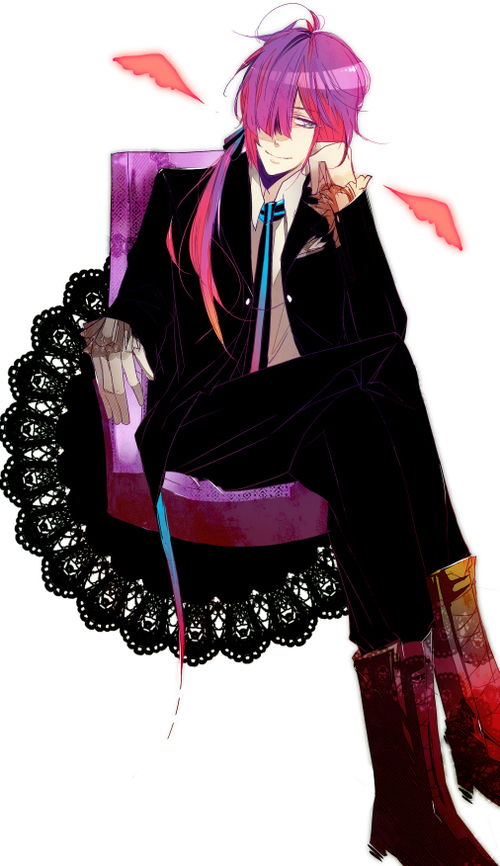 black_clothing, boots, boy, pink_hair, sitting