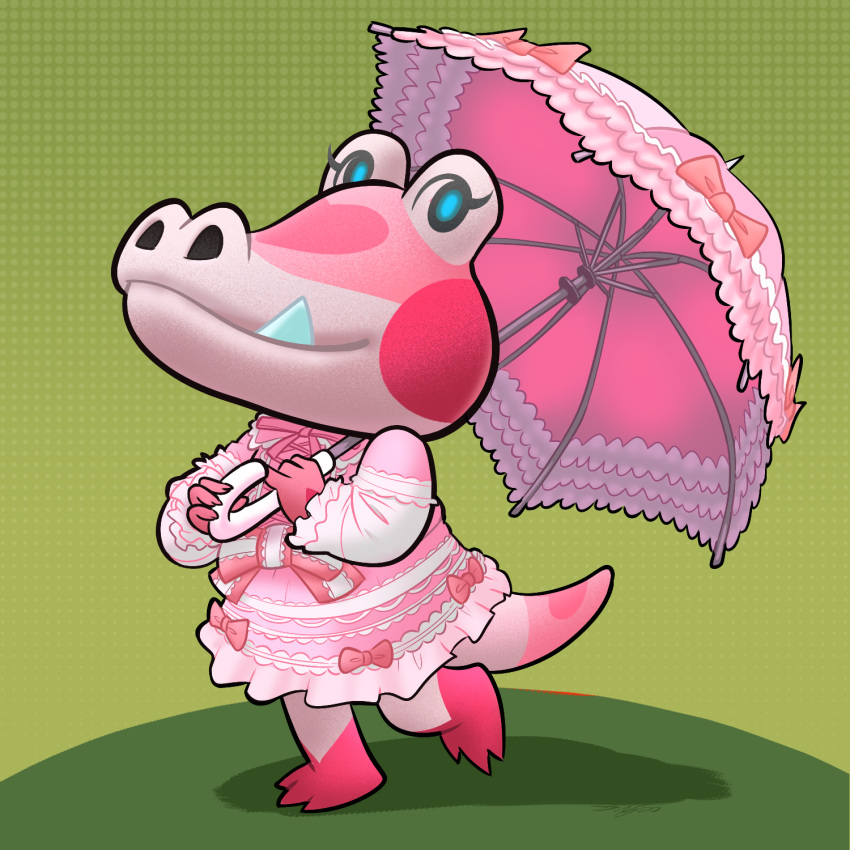 1girl, alligator, alligator_girl, angusburgers, animal_crossing, blue_eyes, colored_skin, commentary