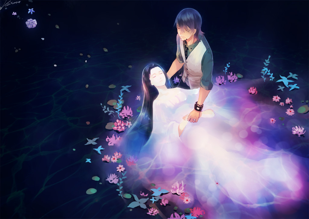 1girl, amamiya_tomoe, bracelet, brown_eyes, brown_hair, closed_eyes, couple, dress
