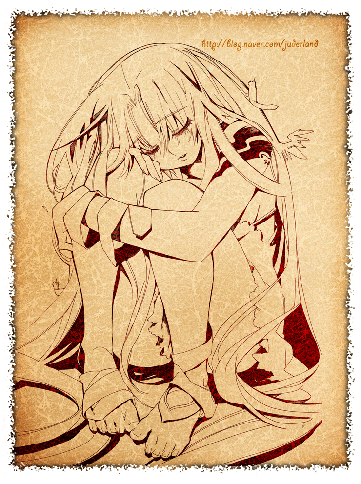 cavalier_of_the_abyss, closed_eyes, diffor_magnasethia, eyes_closed, immortal_regis, juder, leg_hug, long_hair, tattoo