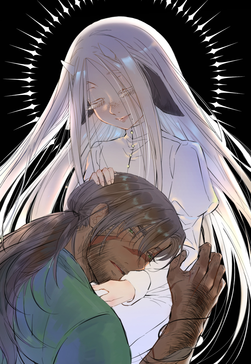 2boys, absurdres, animal_ears, arm_hair, black_background, brown_hair, closed_eyes, closed_mouth, commentary, cow_boy, cow_ears, cow_horns, degrees_of_lewdity, dress, eden_(degrees_of_lewdity), eden_(male)_(degrees_of_lewdity), edenscow, freckles, green_eyes, green_shirt, hair_tie, hand_on_another's_head, highres, horns, lap_pillow, mole, mole_under_mouth, multiple_boys, open_mouth, player_character_(degrees_of_lewdity), player_character_(male)_(degrees_of_lewdity), ponytail, scar, scar_on_cheek, scar_on_face, scar_on_nose, shirt, smile, trap, white_dress, white_hair, white_horns